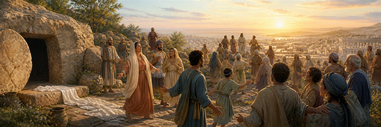 An opened empty tomb at dawn as a renewed community rises joyfully across the hillside
